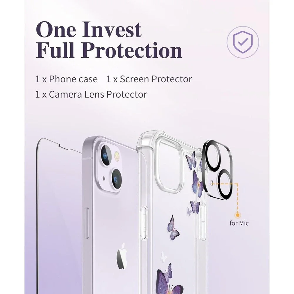 GVIEWIN for iPhone 14 Plus Case 3-in-1 Floral Alluring Butterfly Clear Shockproo
